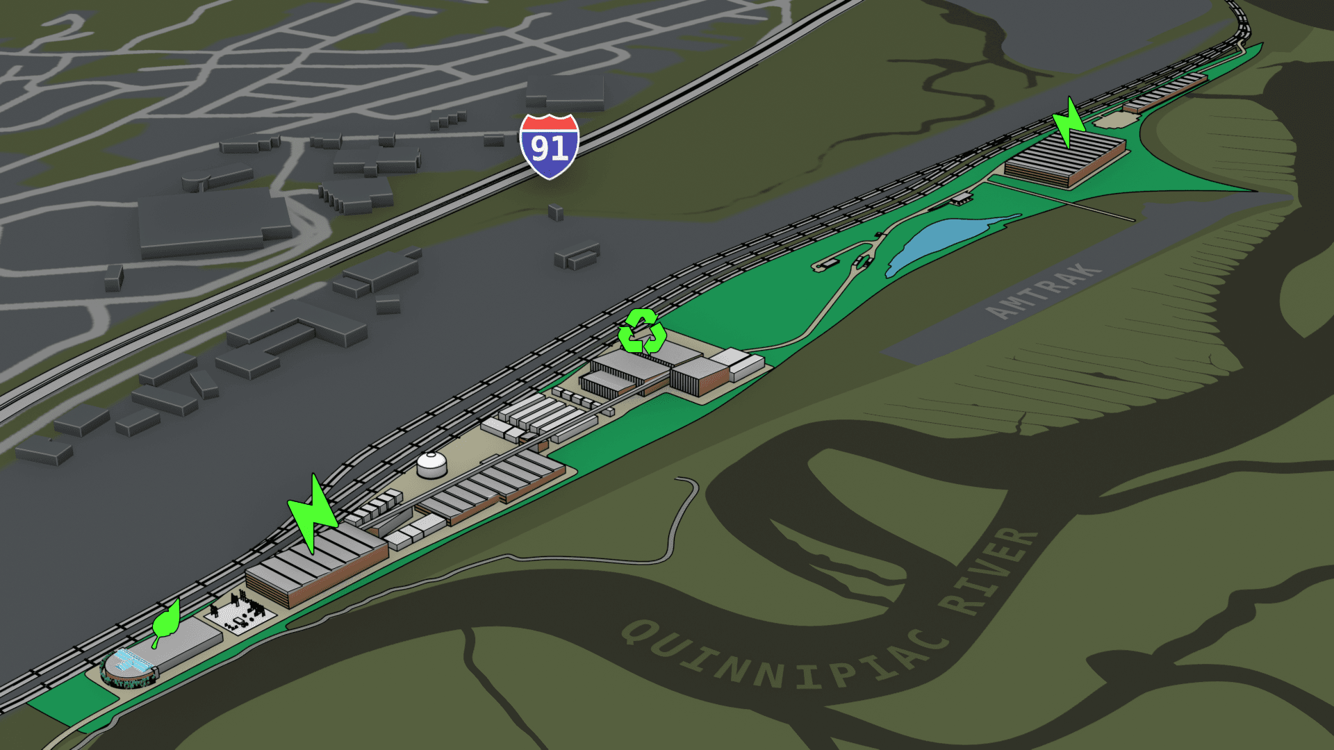 aerial view of AB Ecopark with icons above each component